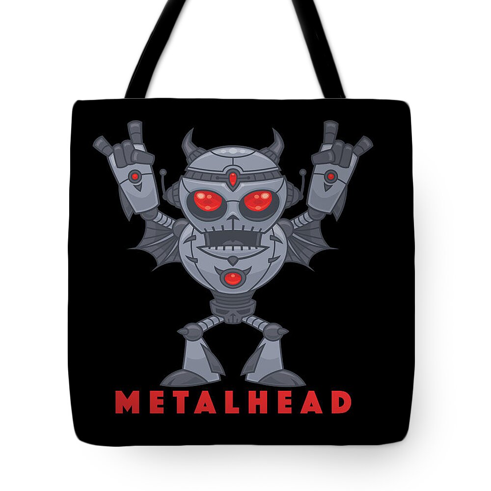 Robot Tote Bag featuring the digital art Metalhead - Heavy Metal Robot Devil - With Text by John Schwegel