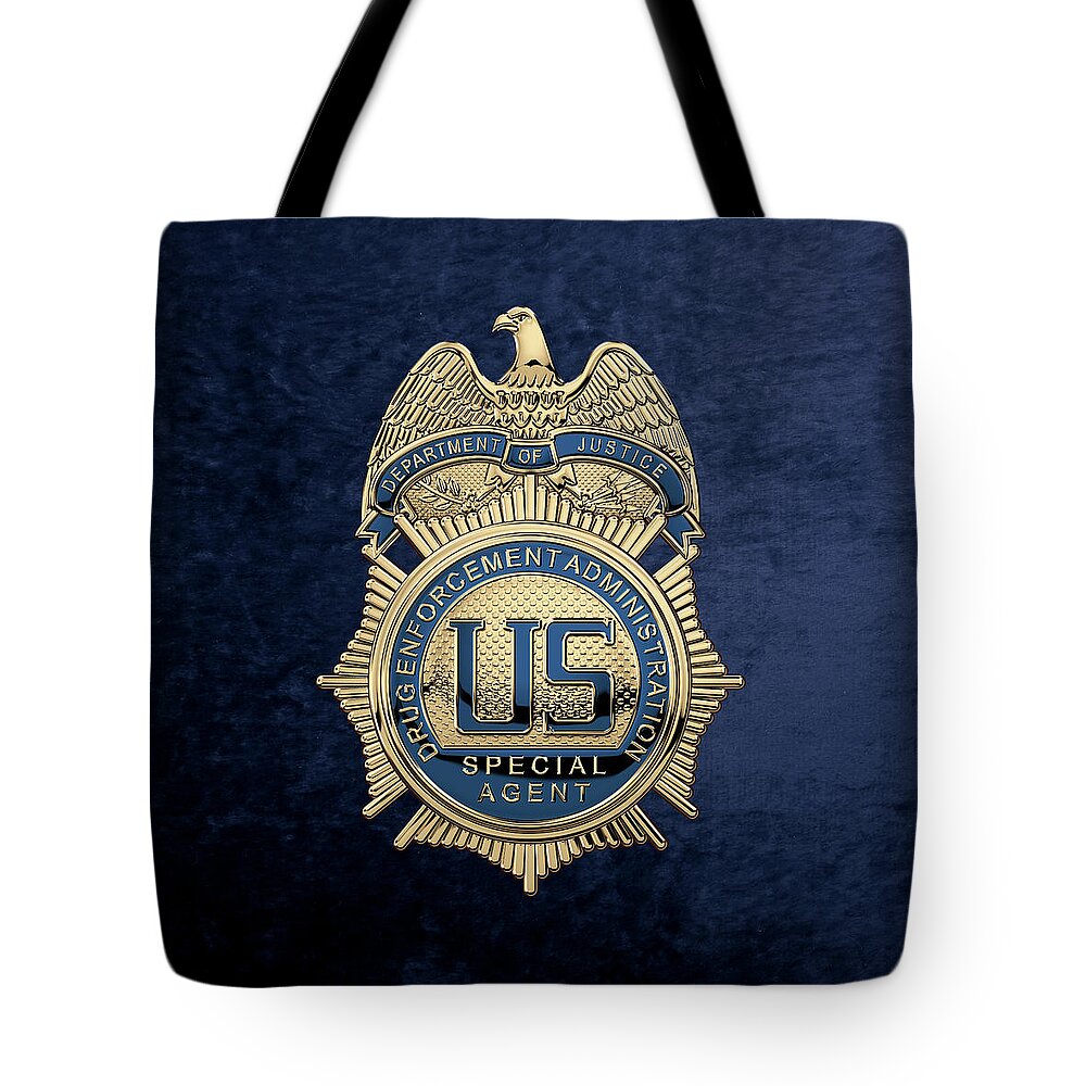  ‘law Enforcement Insignia & Heraldry’ Collection By Serge Averbukh Tote Bag featuring the digital art Drug Enforcement Administration - D E A Special Agent Badge over Blue Velvet by Serge Averbukh