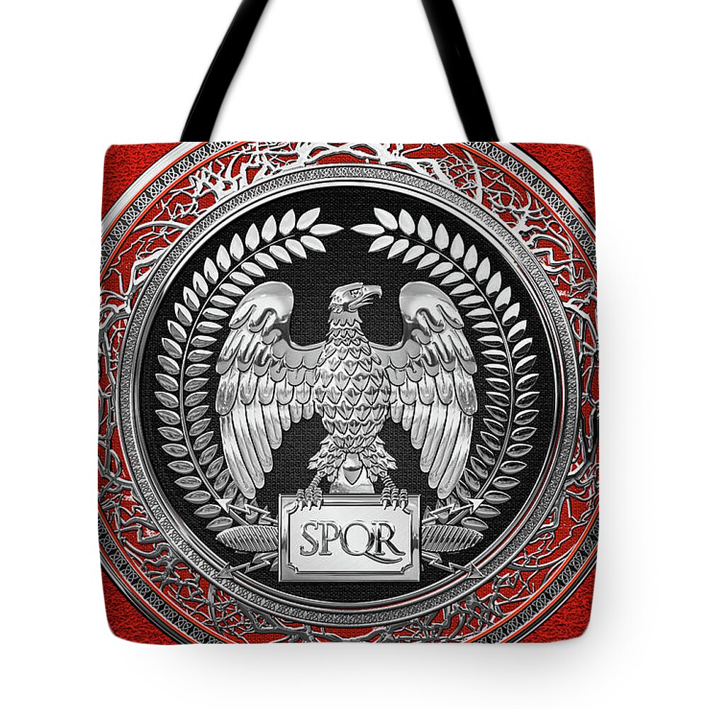 ‘treasures Of Rome’ Collection By Serge Averbukh Tote Bag featuring the digital art Silver Roman Imperial Eagle over Red Leather by Serge Averbukh