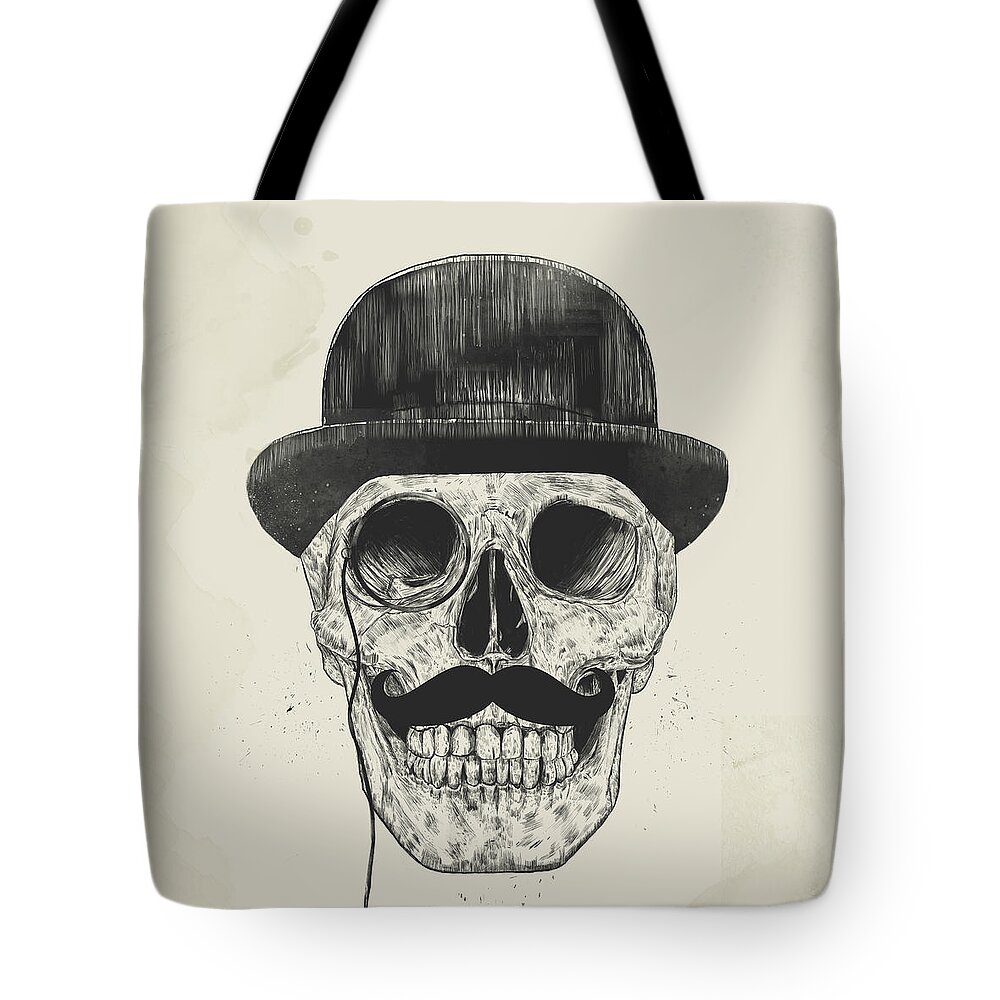 Skull Tote Bag featuring the drawing Gentlemen never die by Balazs Solti