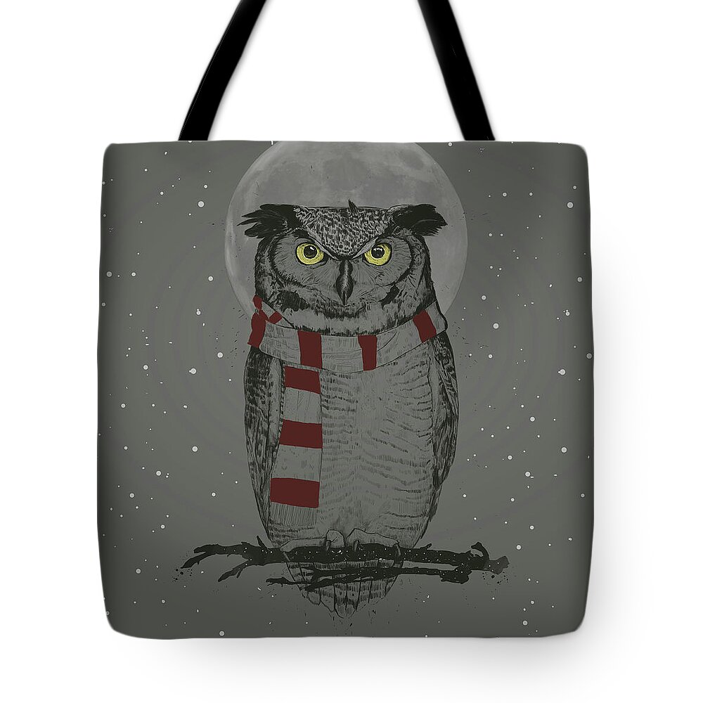 Owl Tote Bag featuring the mixed media Winter owl by Balazs Solti