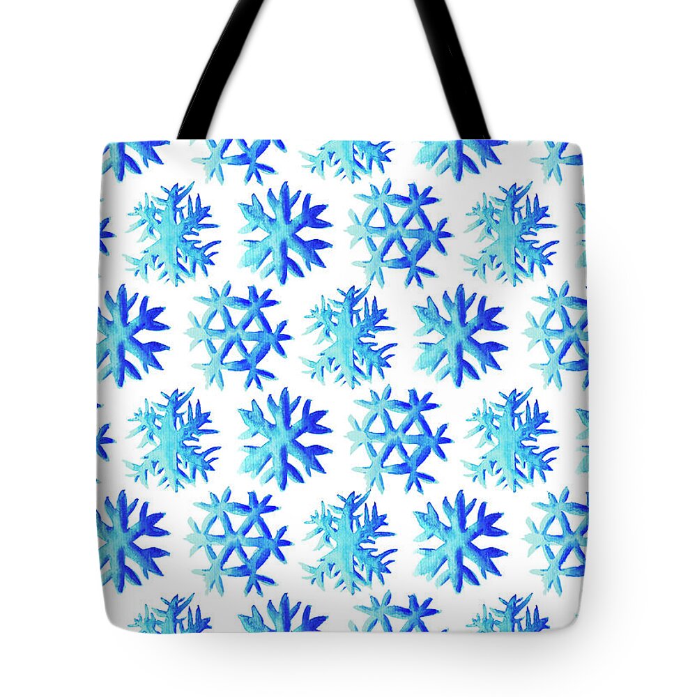 Pattern Tote Bag featuring the digital art Blue Watercolor Snowflakes Pattern by Boriana Giormova
