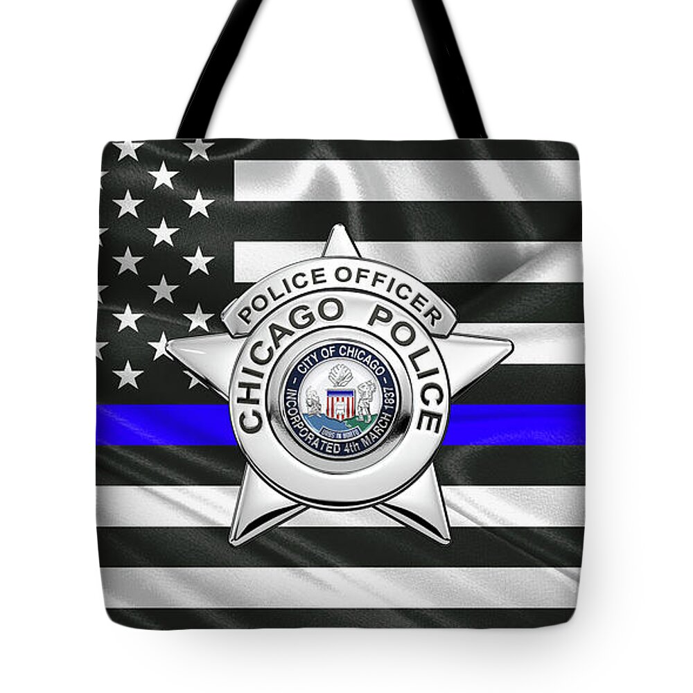  ‘law Enforcement Insignia & Heraldry’ Collection By Serge Averbukh Tote Bag featuring the digital art Chicago Police Department Badge - C P D  Police Officer Star over The Thin Blue Line Flag by Serge Averbukh