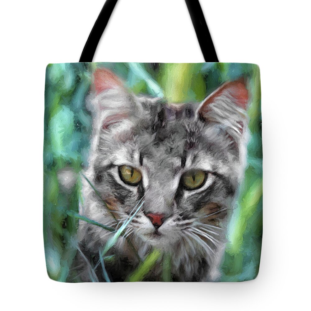 Animals Tote Bag featuring the painting Cat in the Grass by Doreen Erhardt