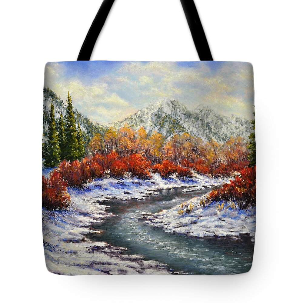 Landscape Tote Bag featuring the painting First Snow by Lee Tisch Bialczak