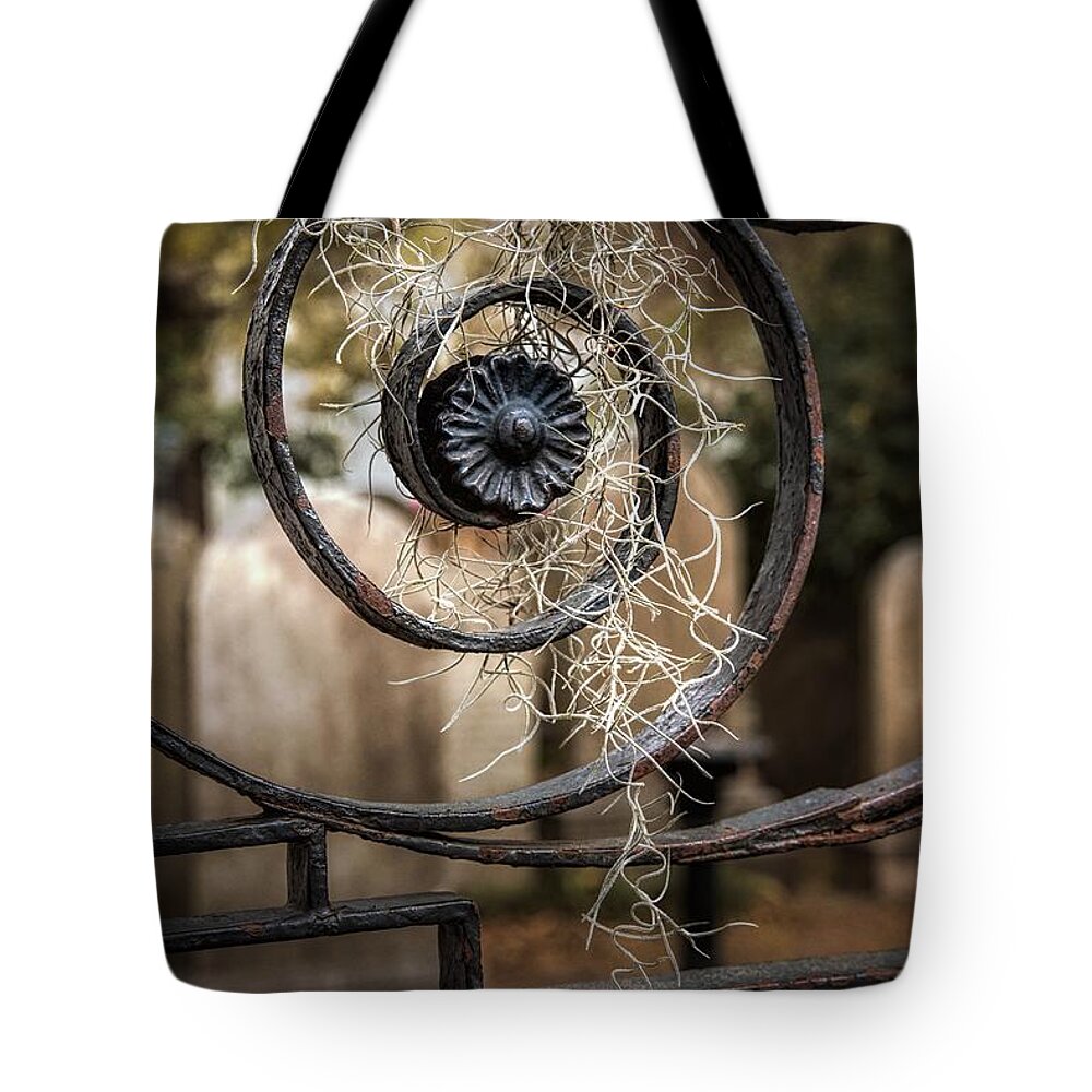 Cemetery Gate Tote Bag featuring the photograph Rusted Cemetery Gate with Spanish Moss by Melissa Bittinger