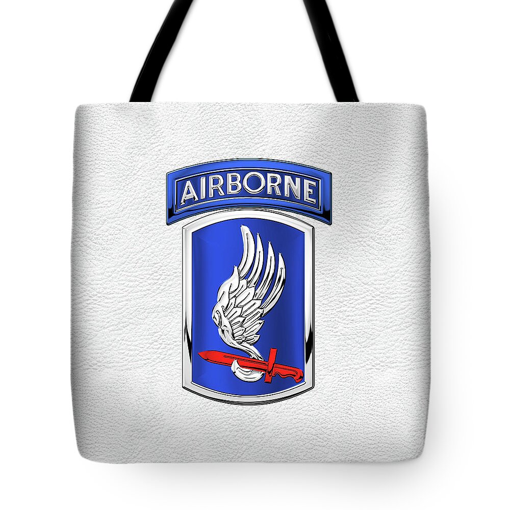 Military Insignia & Heraldry By Serge Averbukh Tote Bag featuring the digital art 173rd Airborne Brigade Combat Team - 173rd A B C T Insignia over White Leather by Serge Averbukh
