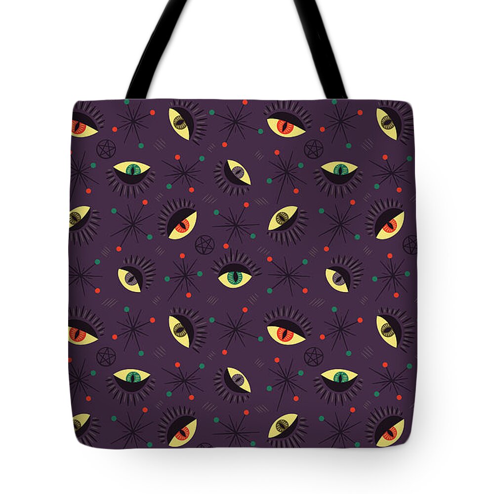 Witch Tote Bag featuring the digital art Witch Eyes Spooky Retro Pattern by Boriana Giormova