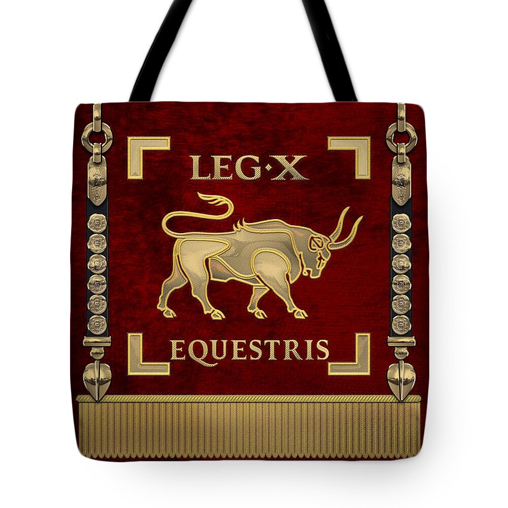 ‘rome’ Collection By Serge Averbukh Tote Bag featuring the digital art Standard of the 10th Mounted Legion - Vexillum of Legio X Equestris by Serge Averbukh