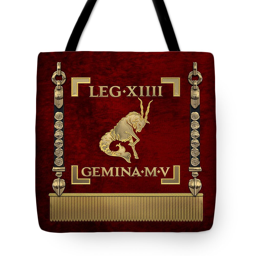 ‘rome’ Collection By Serge Averbukh Tote Bag featuring the digital art Standard of the 14th Legion Gemina - Vexillum of The Twinned Fourteenth Legion Gemina Martia Victrix by Serge Averbukh