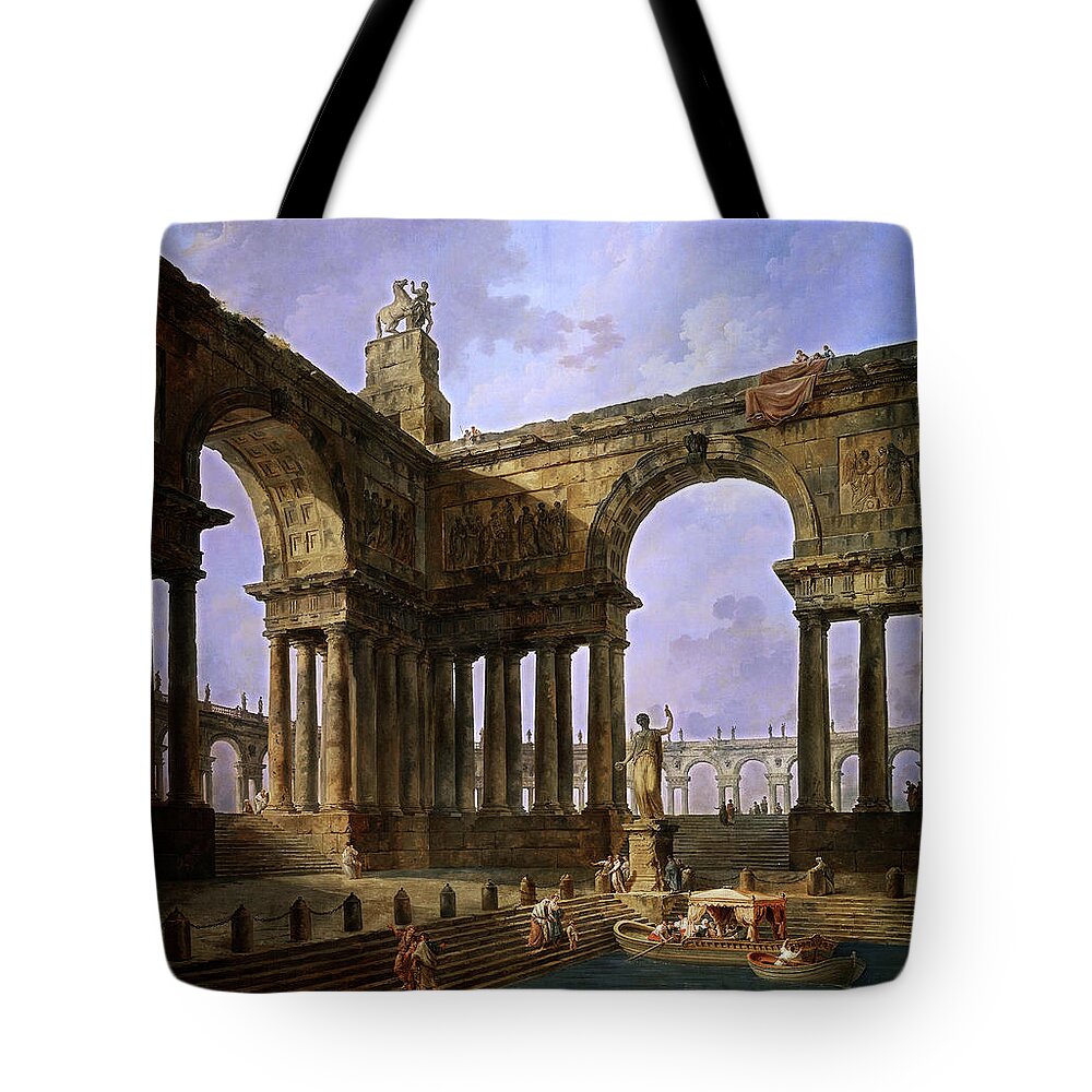 The Landing Place Tote Bag featuring the painting The Landing Place by Hubert Robert by Rolando Burbon