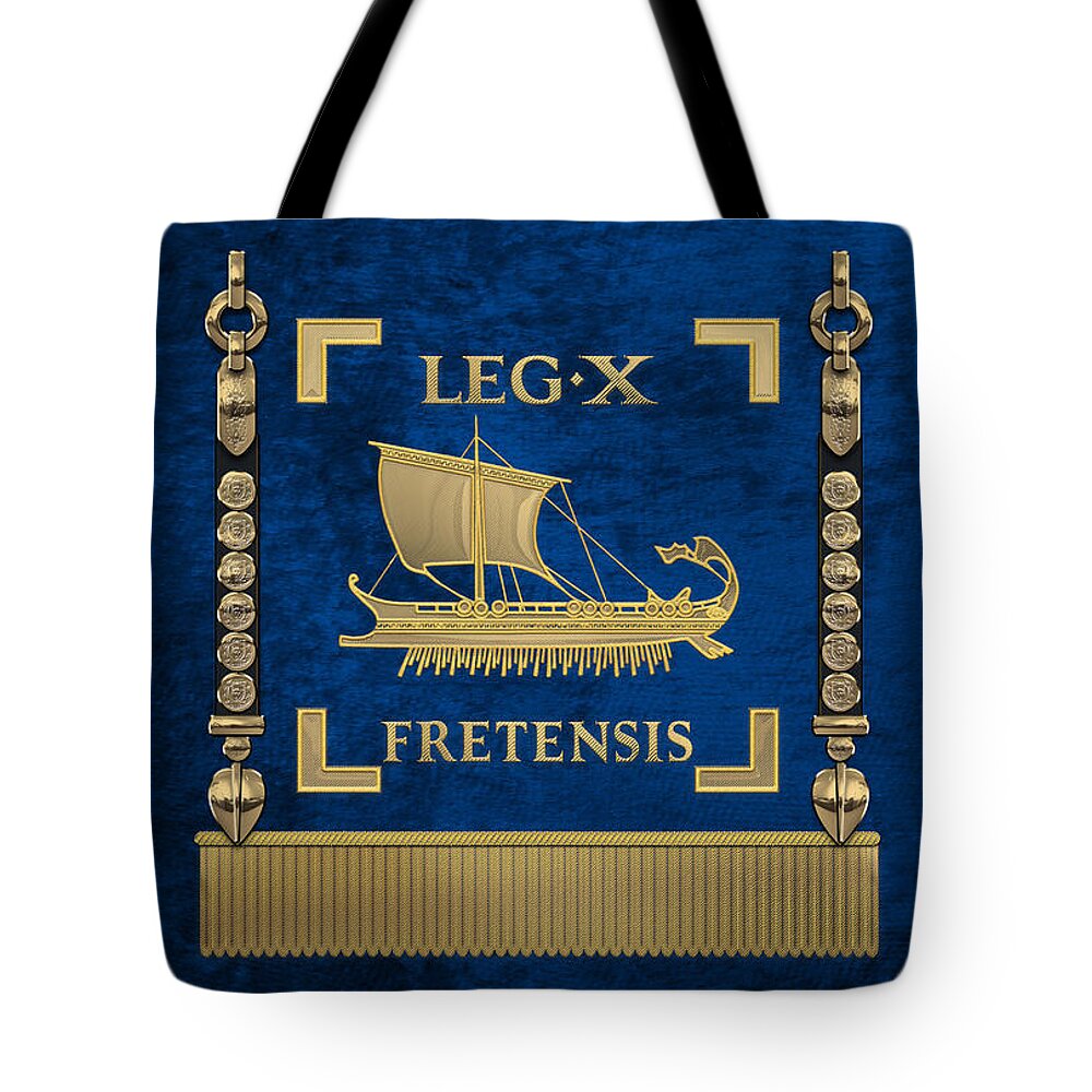 ‘rome’ Collection By Serge Averbukh Tote Bag featuring the digital art Trireme Standard of the 10th Legion of the Strait - Blue Vexilloid of Legio X Fretensis by Serge Averbukh