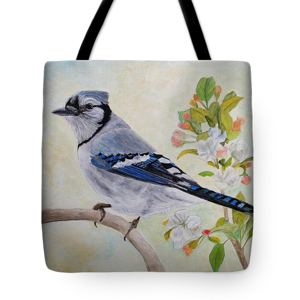 Blue Jay Tote Bag featuring the painting Blue Jay Among Apple Blossoms by Angeles M Pomata