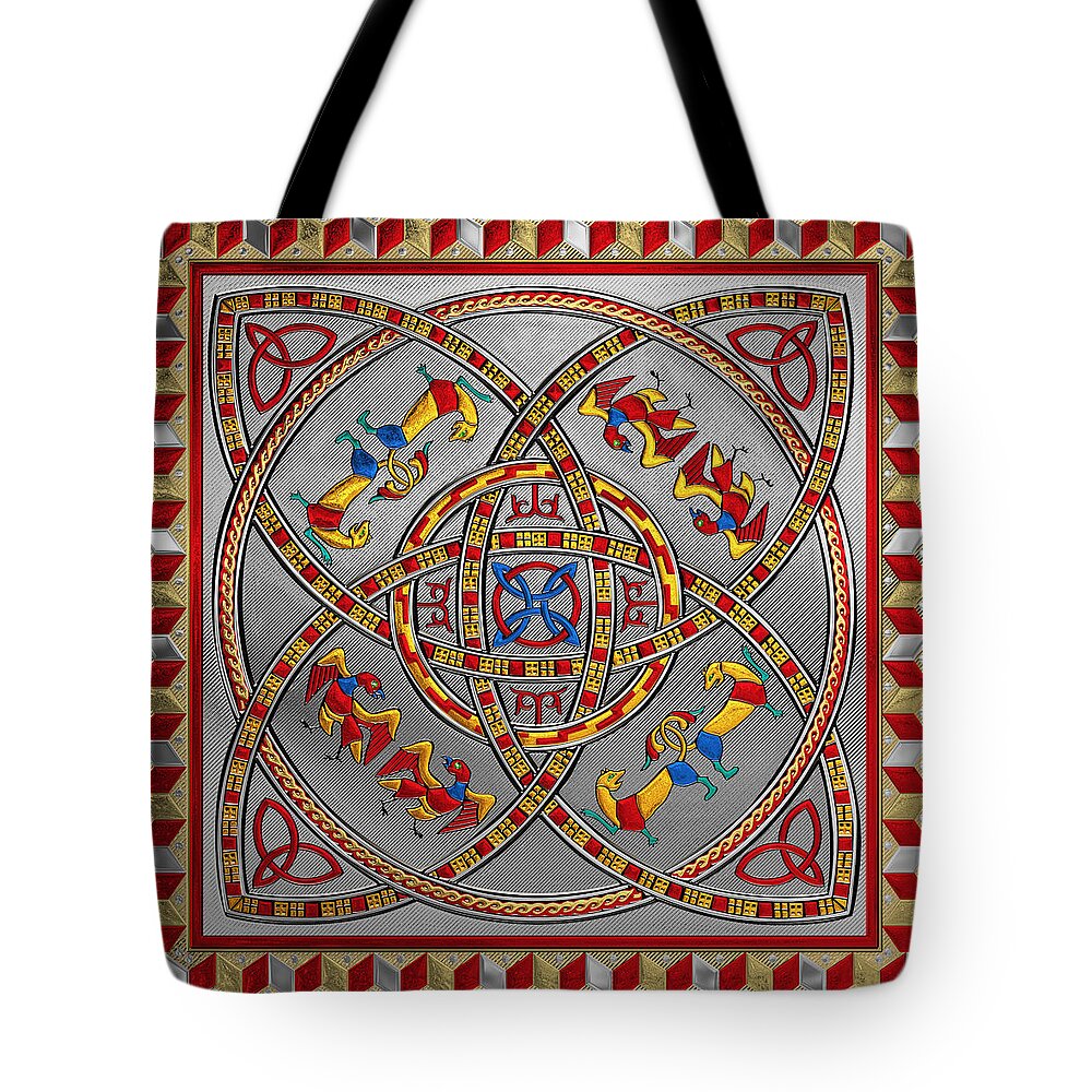 ‘celtic Treasures’ Collection By Serge Averbukh Tote Bag featuring the digital art Sacred Celtic Dara Knot Cross with Triquetras Lions and Eagles by Serge Averbukh