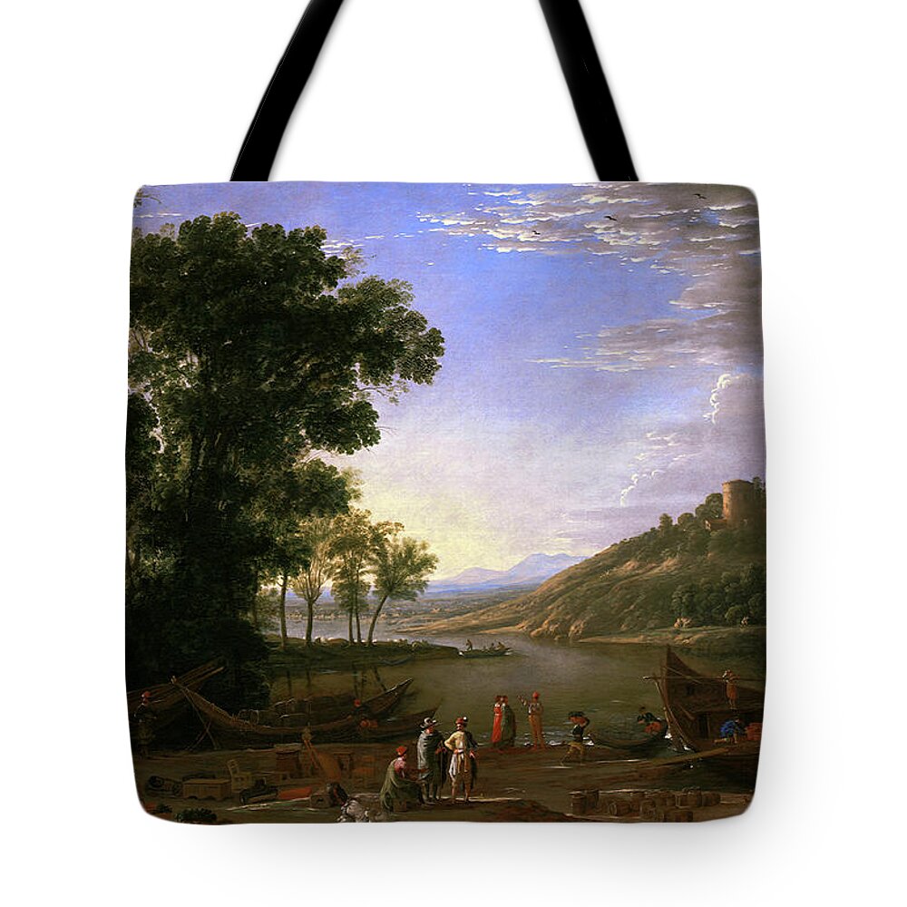 Landscape With Merchants Tote Bag featuring the painting Landscape with Merchants by Claude Lorrain by Rolando Burbon