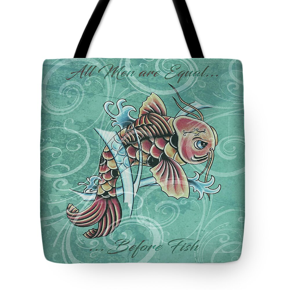 Koi Tote Bag featuring the mixed media All Men are Equal by Maria Arango