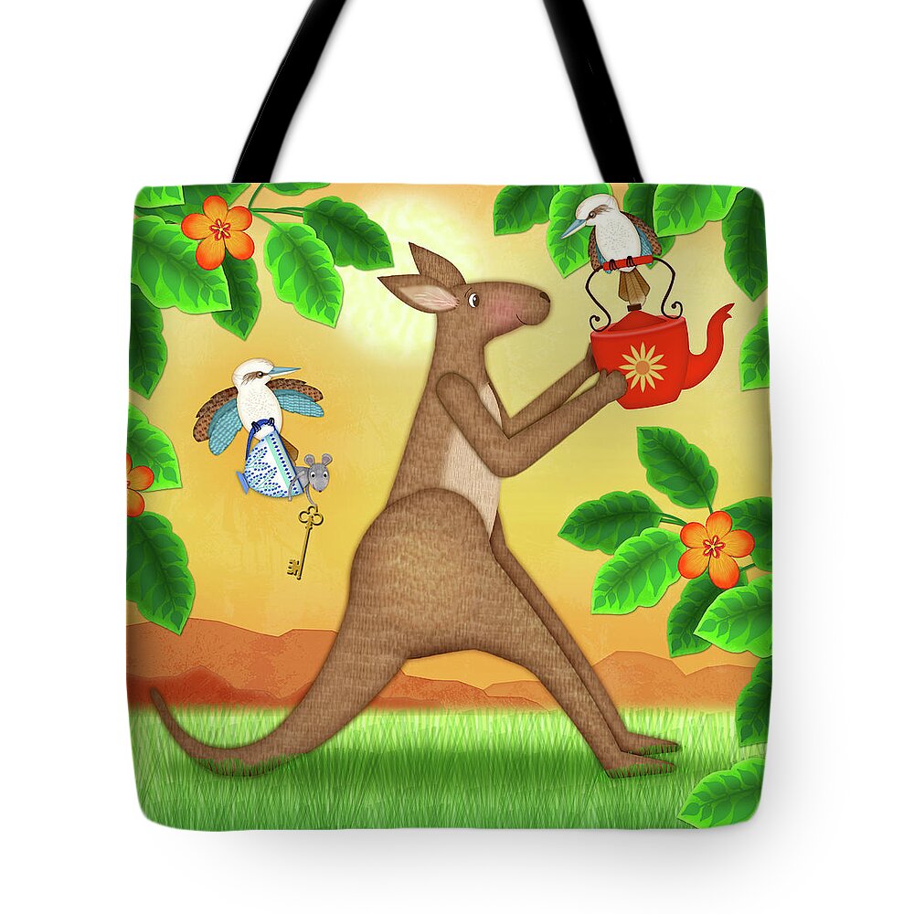 Kangaroo Tote Bag featuring the digital art K is for Kangaroo and Kookaburra by Valerie Drake Lesiak