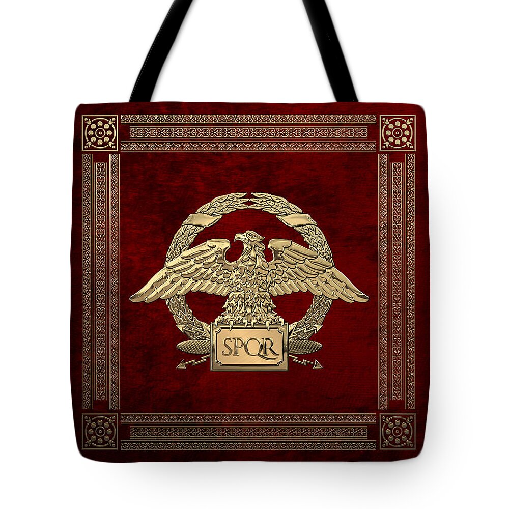 ‘treasures Of Rome’ Collection By Serge Averbukh Tote Bag featuring the digital art Roman Empire - Gold Roman Imperial Eagle over Red Velvet by Serge Averbukh