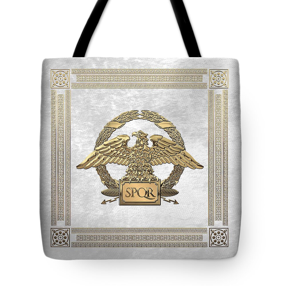 ‘treasures Of Rome’ Collection By Serge Averbukh Tote Bag featuring the digital art Roman Empire - Gold Roman Imperial Eagle over White Velvet by Serge Averbukh