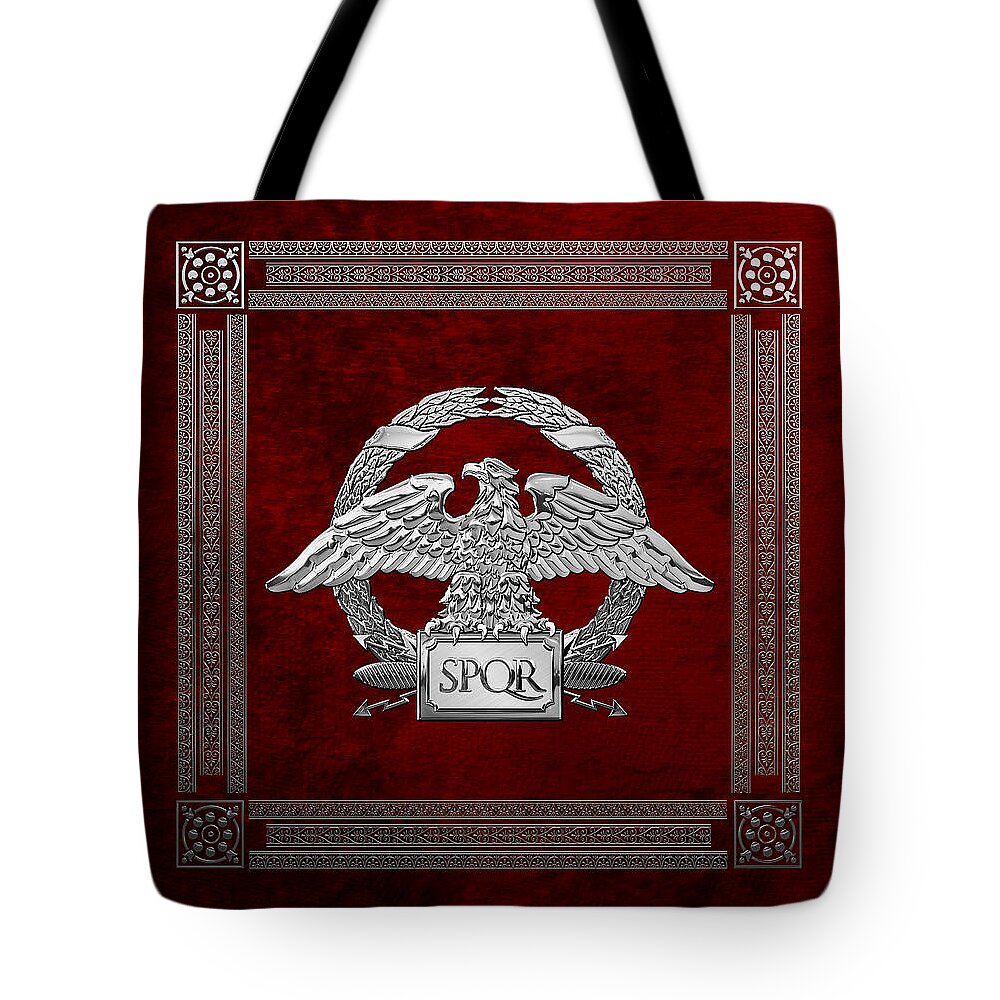 ‘treasures Of Rome’ Collection By Serge Averbukh Tote Bag featuring the digital art Roman Empire - Silver Roman Imperial Eagle over Red Velvet by Serge Averbukh