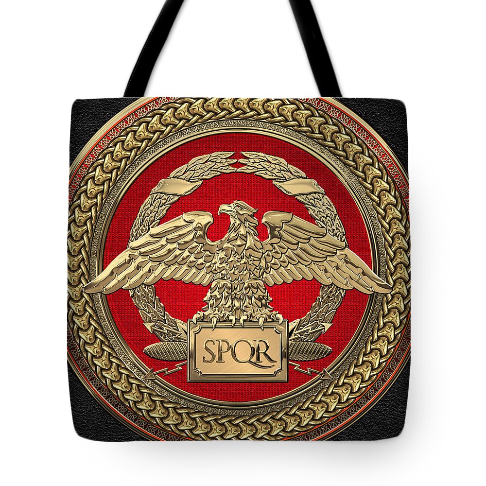 ‘treasures Of Rome’ Collection By Serge Averbukh Tote Bag featuring the digital art Gold Roman Imperial Eagle over Red and Gold Medallion on Black Leather by Serge Averbukh