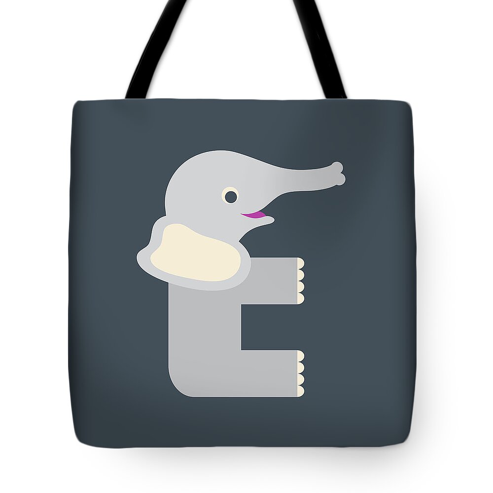 Animal Alphabet Tote Bag featuring the digital art Letter E - Animal Alphabet - Elephant Monogram by Jen Montgomery