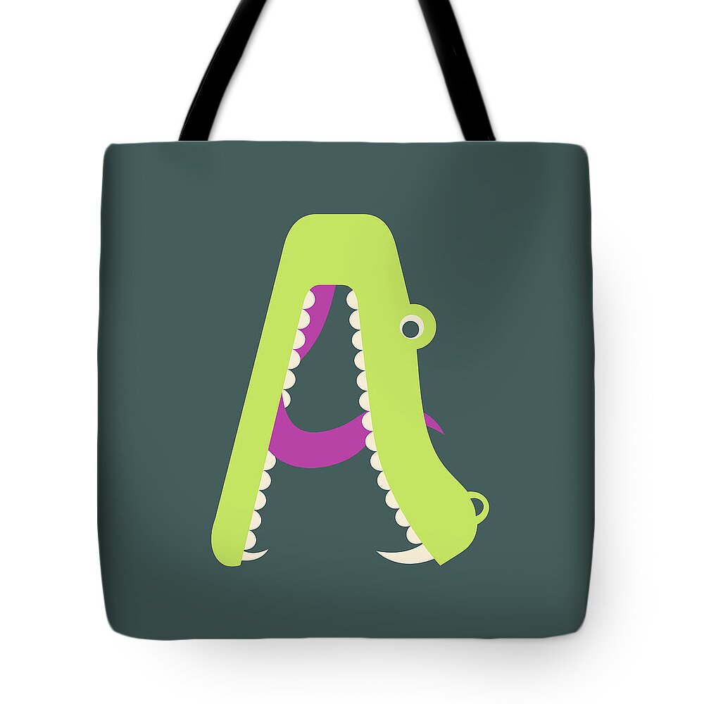 Animal Alphabet Tote Bag featuring the digital art Letter A - Animal Alphabet - Alligator Monogram by Jen Montgomery