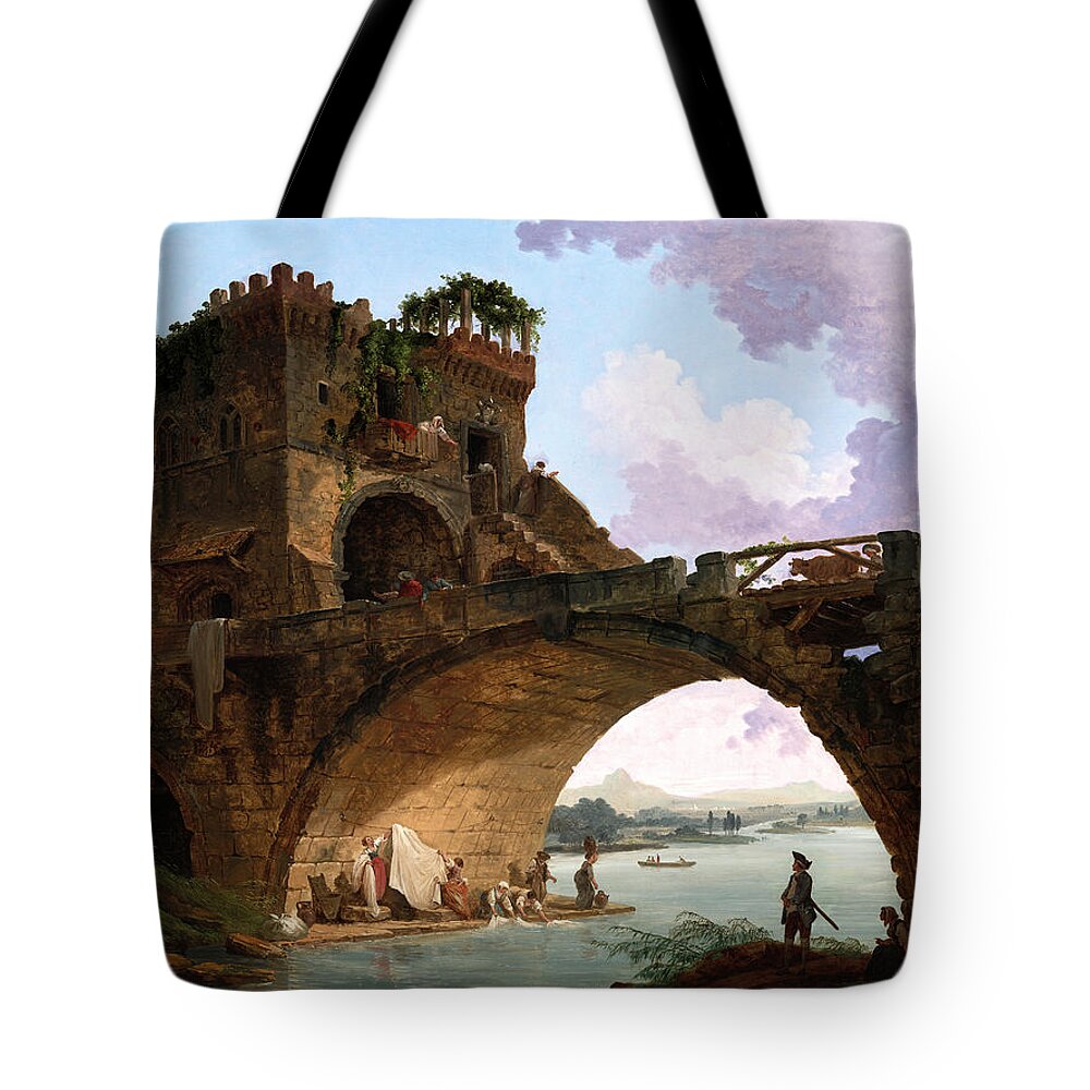 The Ponte Salario Tote Bag featuring the painting The Ponte Salario by Hubert Robert by Rolando Burbon