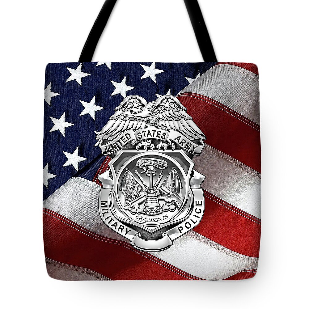 'military Insignia & Heraldry' Collection By Serge Averbukh Tote Bag featuring the digital art U. S. Army Military Police Corps - Army M P Badge over American Flag by Serge Averbukh