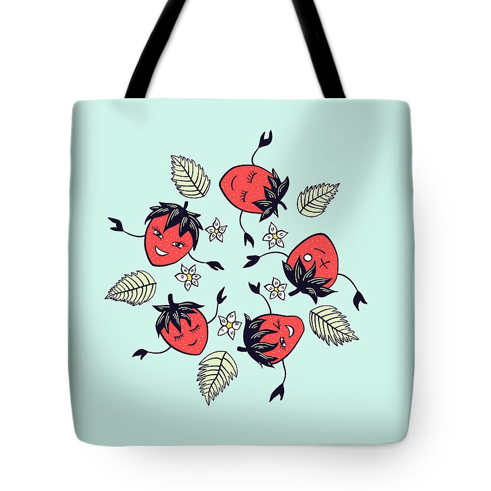 Cute Tote Bag featuring the digital art Happy strawberry characters fun cartoon by Boriana Giormova