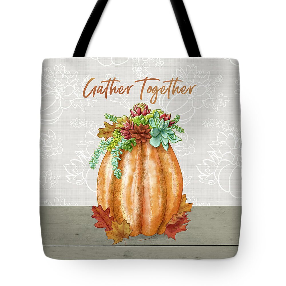 Gather Together Tote Bag featuring the painting Gather Together Succulent Pumpkin Arrangement By Jen Montgomery by Jen Montgomery