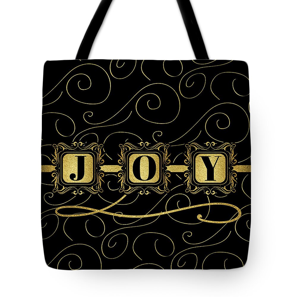 Christmas Tote Bag featuring the digital art Black and Gold Joy Typography Elegant Christmas by Doreen Erhardt