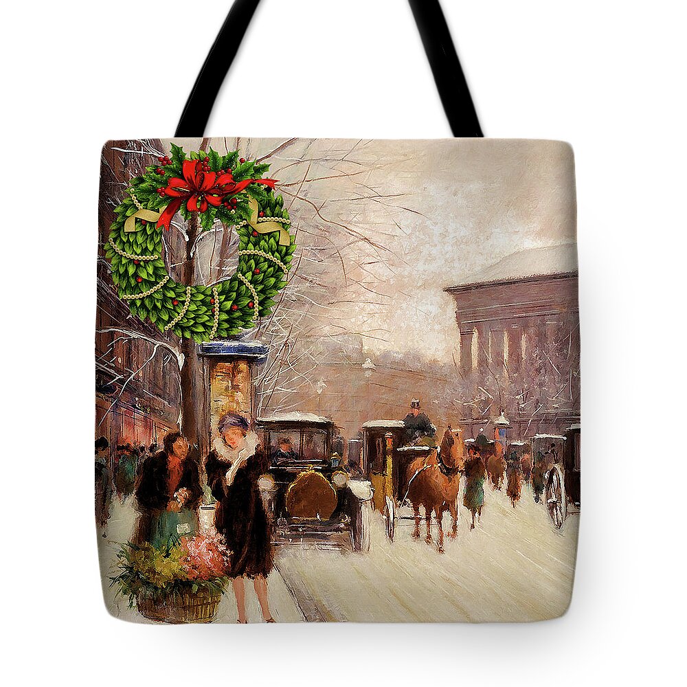 Christmas Tote Bag featuring the digital art Vintage Christmas Paris in Winter by Doreen Erhardt