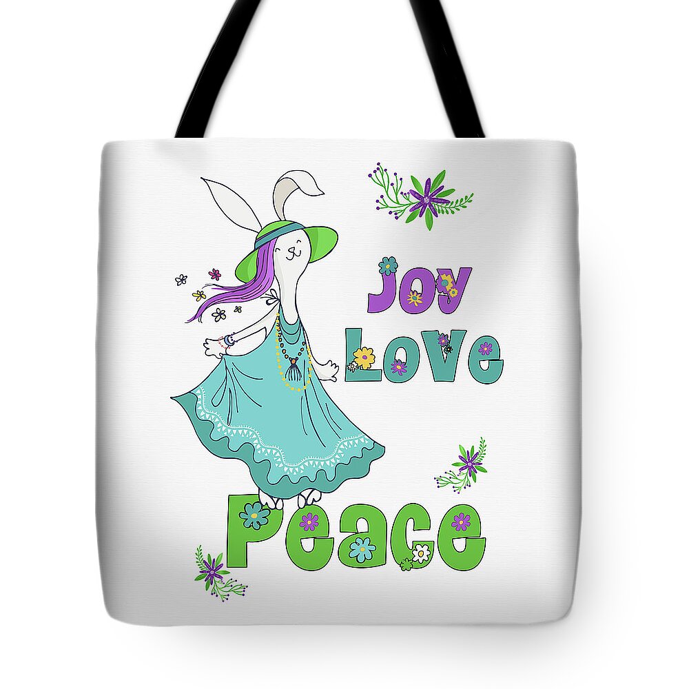 Christmas Tote Bag featuring the digital art Retro Hippie Joy Love and Peace Dancing Holiday Bunny by Doreen Erhardt