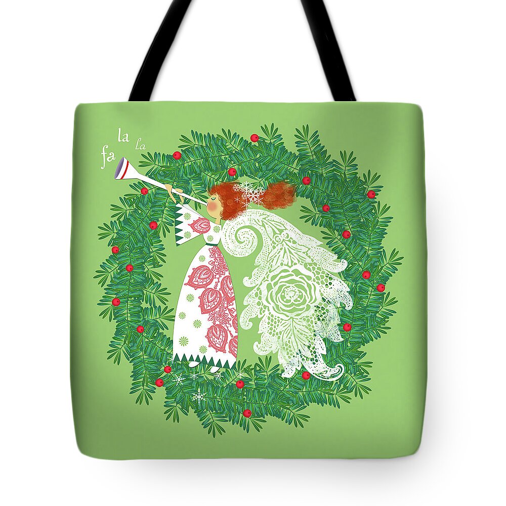 Christmas Tote Bag featuring the digital art Angel with Christmas Wreath by Valerie Drake Lesiak