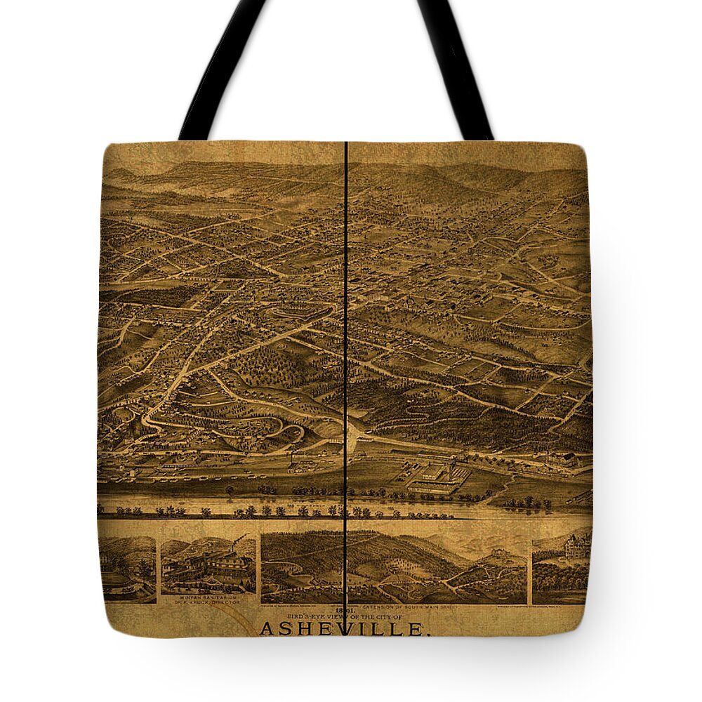 Asheville Tote Bag featuring the mixed media Asheville North Carolina Vintage City Street Map 1891 by Design Turnpike