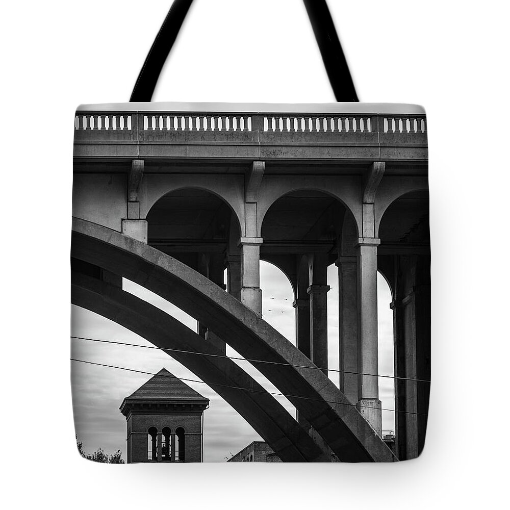 Ashton Tote Bag featuring the photograph Ashton Viaduct I BW by David Gordon