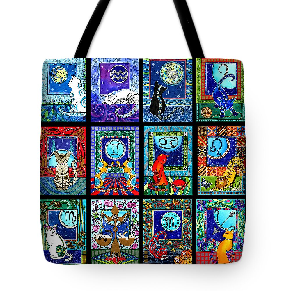 Astrology Tote Bag featuring the painting Astrology Cat Zodiacs by Dora Hathazi Mendes
