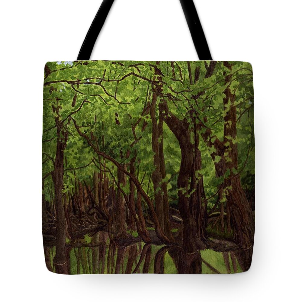 Thatcher Woods Tote Bag featuring the painting At the Foot of Devil's Hill by Alice Ann Barnes