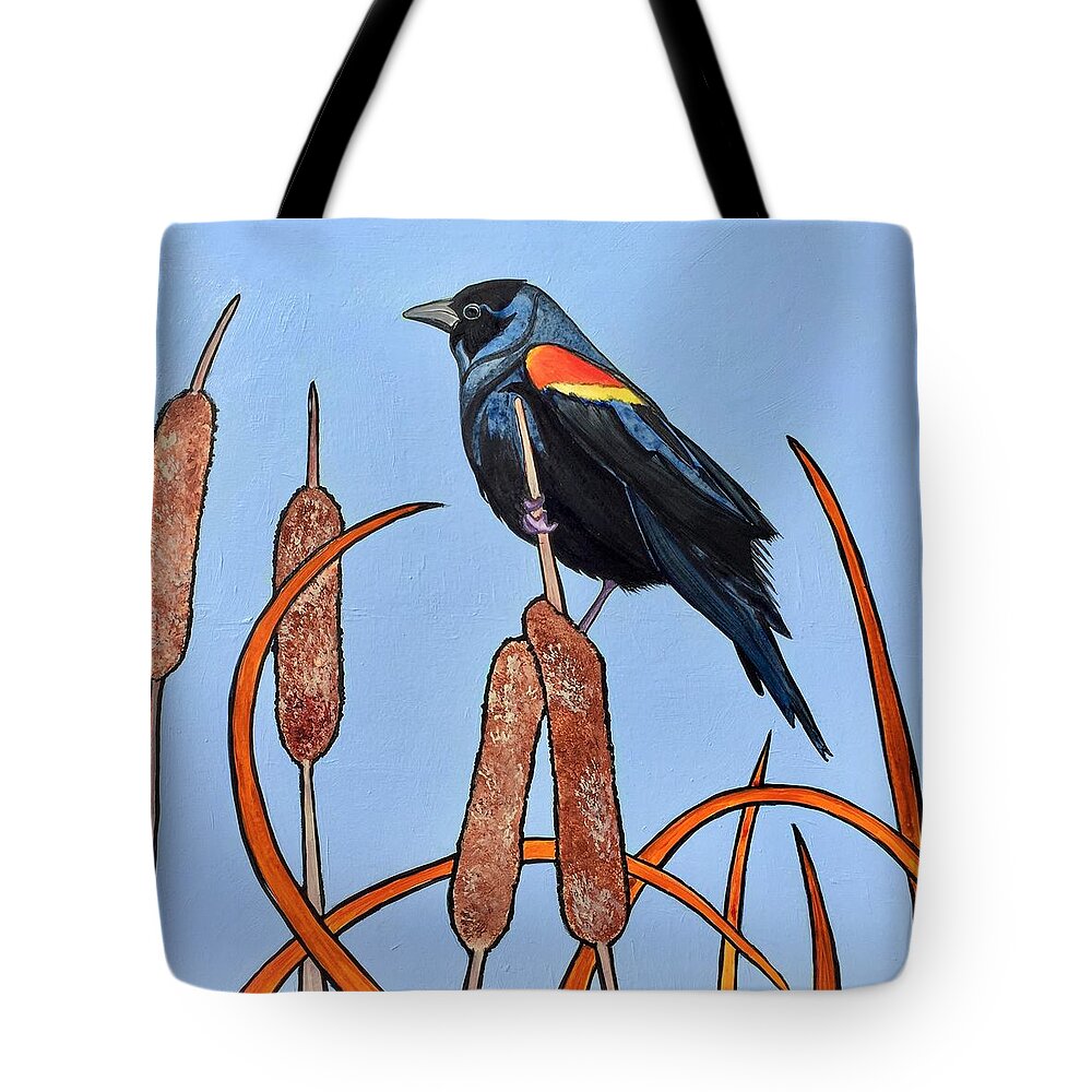 Black Bird Tote Bag featuring the painting At The Pond by Sonja Jones