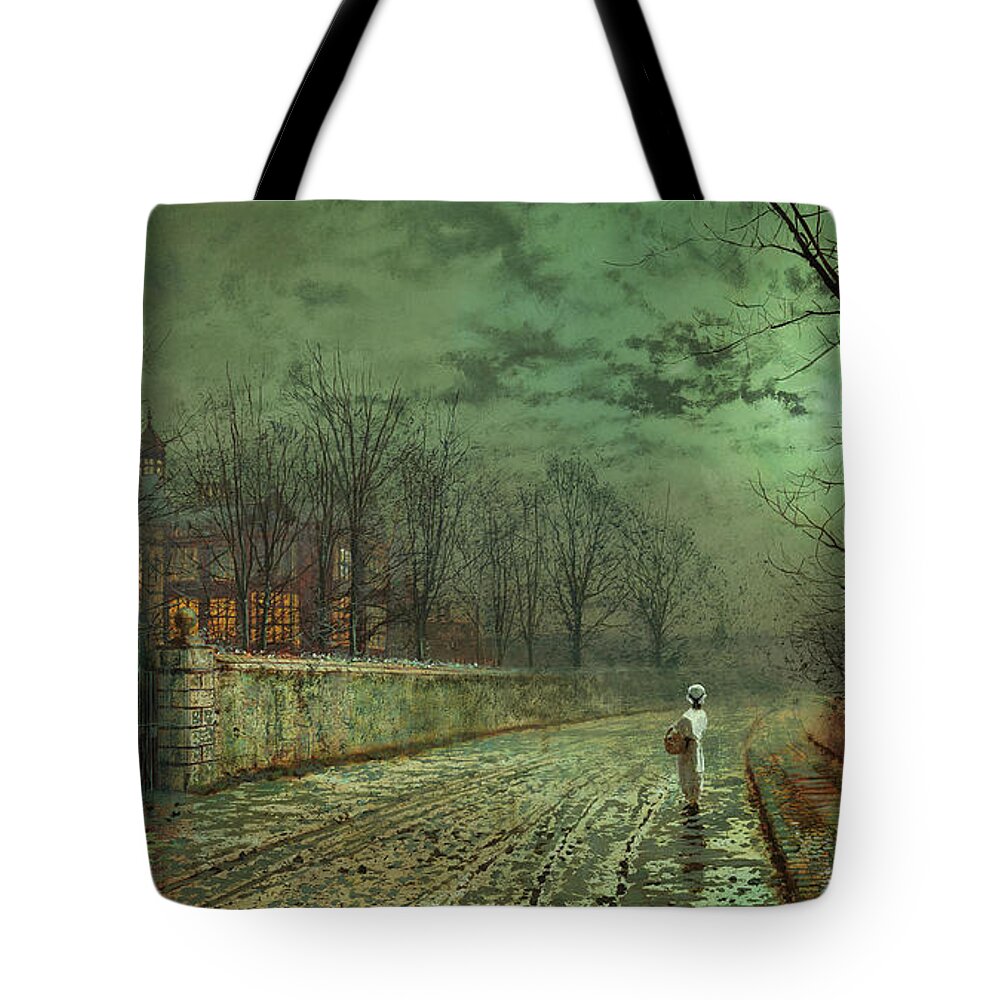 Atkinson Grimshaw Tote Bag featuring the painting Atkinson Grimshaw -Leeds, 1836 -1893-. A Moonlit Evening -1880-. Oil on cardboard. 25.5 x 46 cm. by John Atkinson Grimshaw -1836-1893-