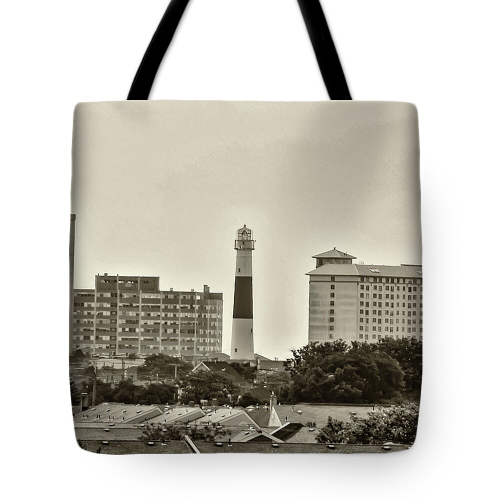 Atlantic Tote Bag featuring the photograph Atlantic City - Absecon Lighthouse - in Sepia by Bill Cannon