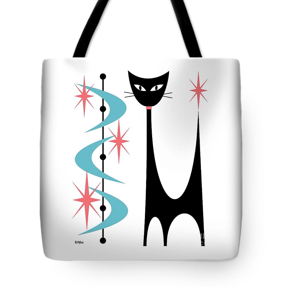 Mid Century Modern Tote Bag featuring the digital art Atomic Cat Blue and Pink on White by Donna Mibus