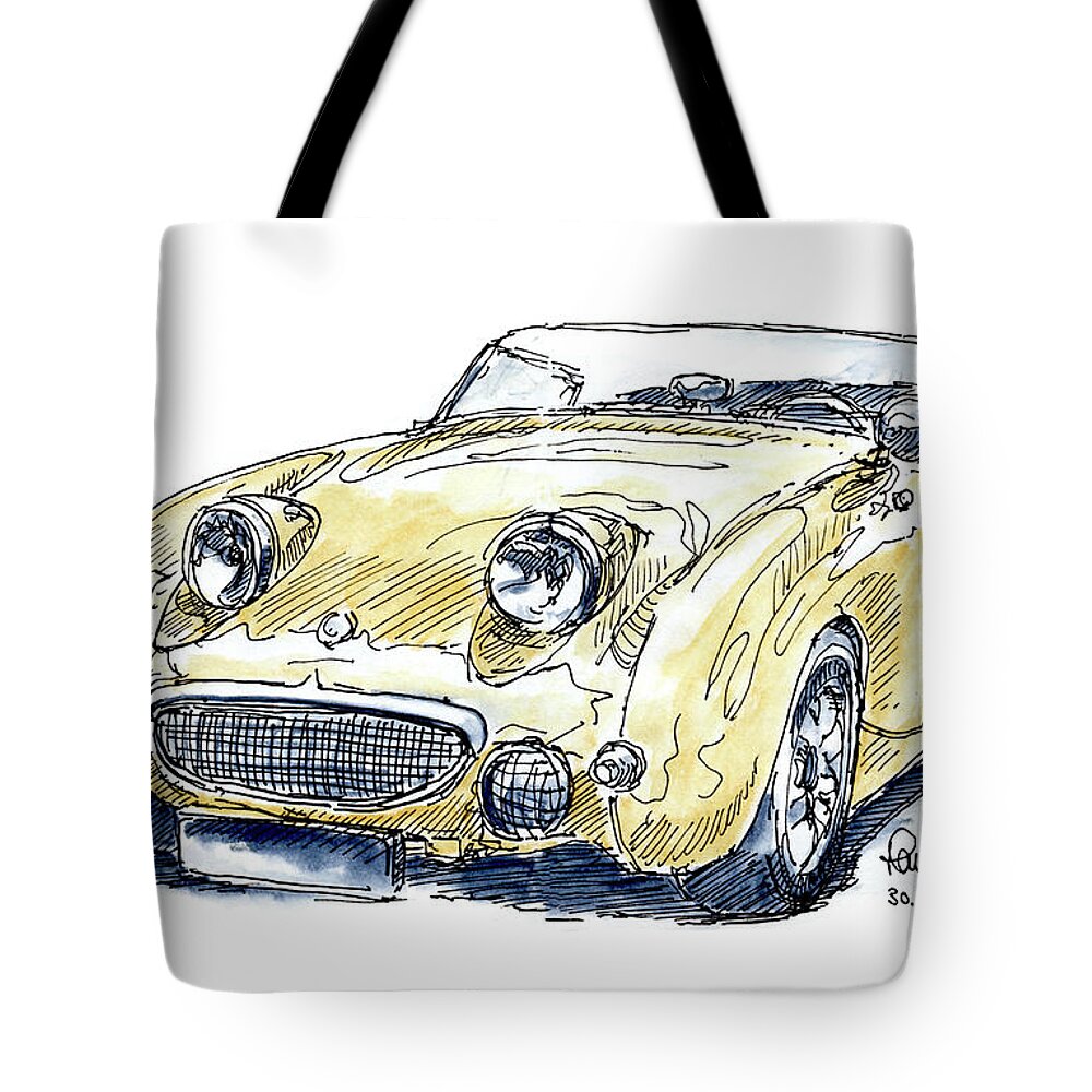 Classic Tote Bag featuring the drawing Austin Healey Sprite MK I Classic Car Ink Drawing and Watercolor by Frank Ramspott