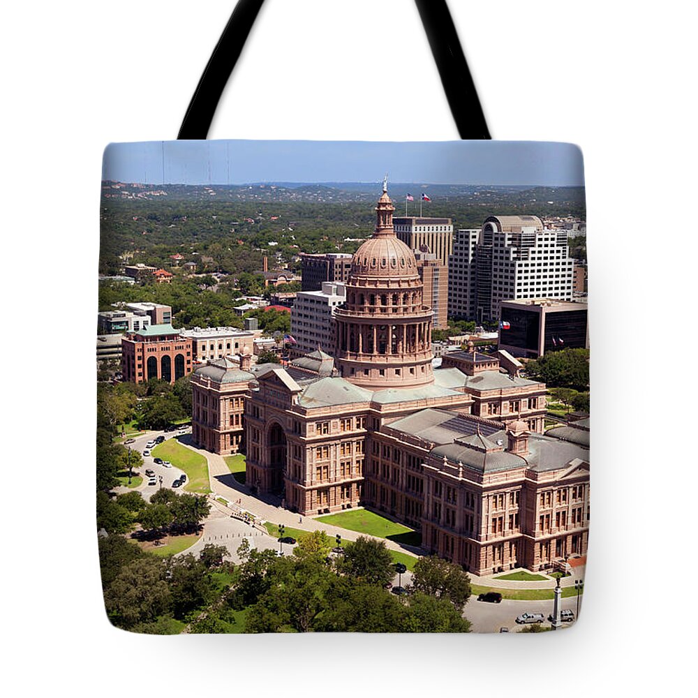 Treetop Tote Bag featuring the photograph Austin Texas Aerial Of Capitol And City by Jodijacobson