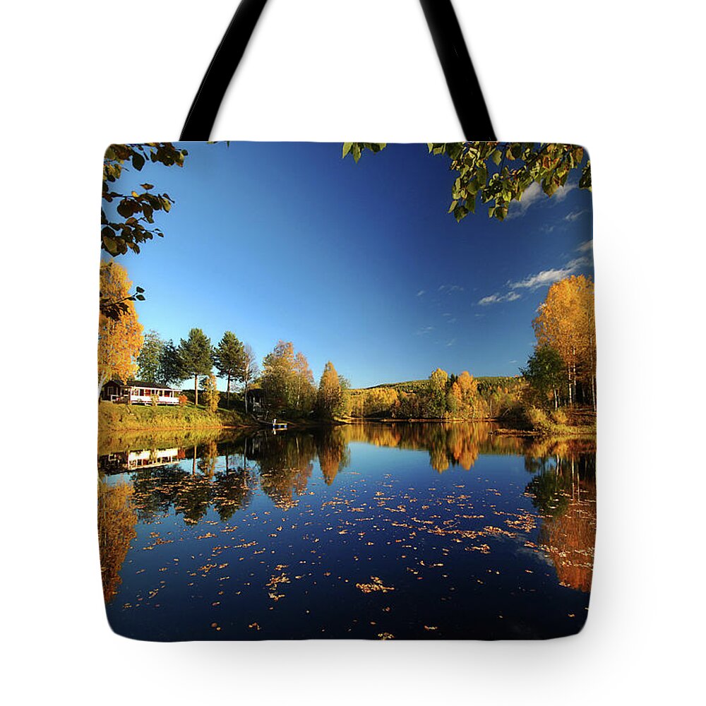Scenics Tote Bag featuring the photograph Autumn By The Lake by Frida Gruffman
