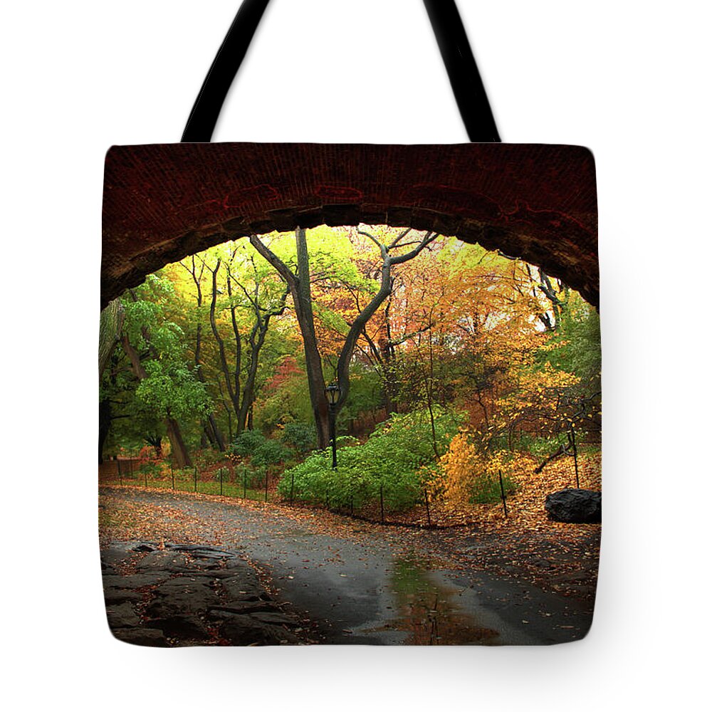 Arch Tote Bag featuring the photograph Autumn Fall In Central Park by Ahmad Abdul-karim Photography