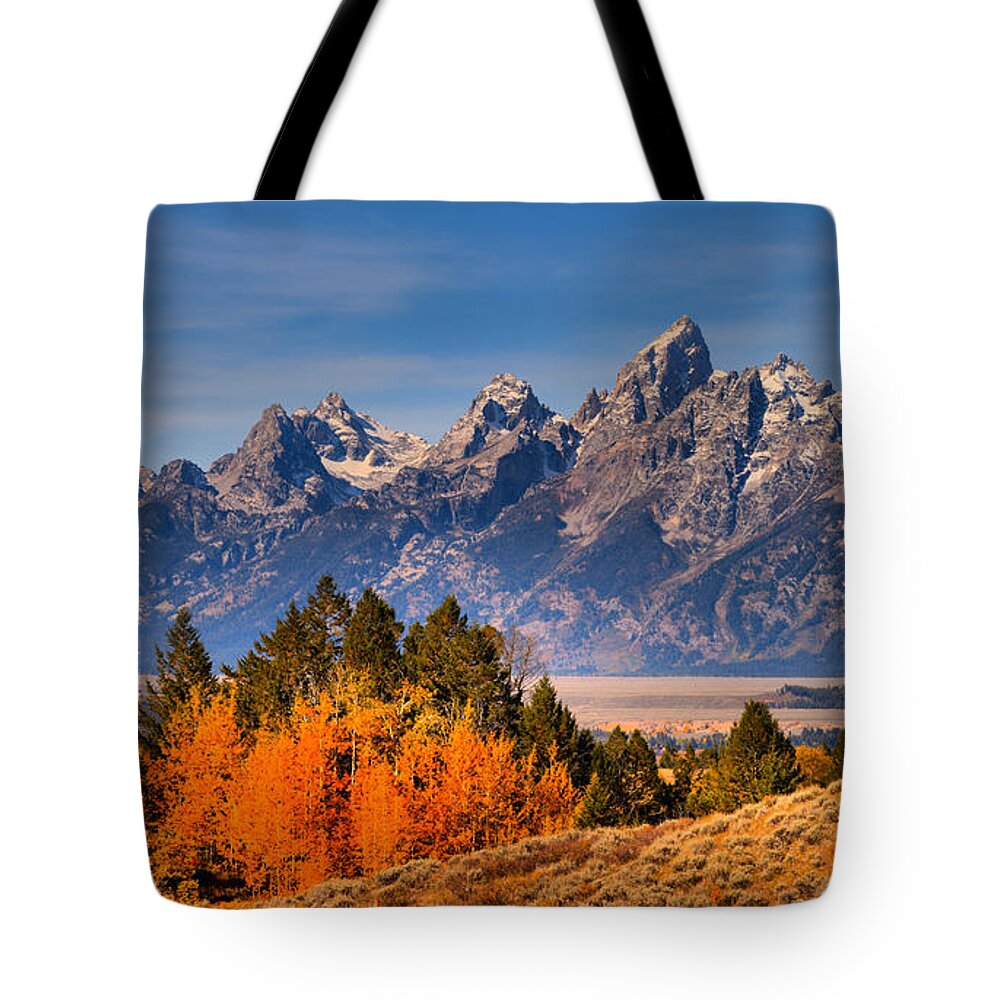 Grand Teton Tote Bag featuring the photograph Autumn Gold In The Tetons by Adam Jewell