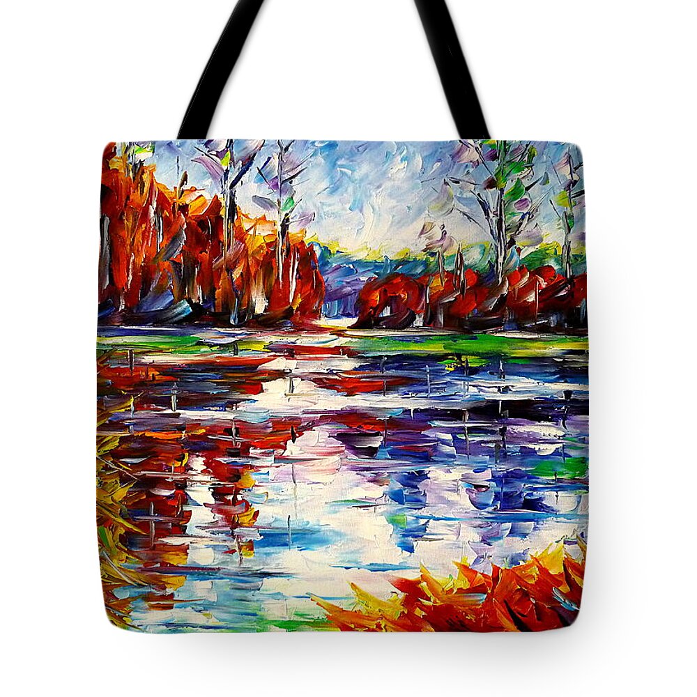 Autumn Lovers Tote Bag featuring the painting Autumn Lake by Mirek Kuzniar