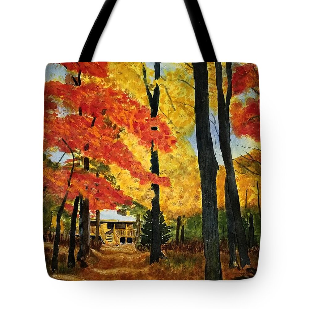 Cabin Tote Bag featuring the painting Autumn's Lane by Ann Frederick